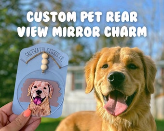 Custom Pet Rear View Mirror Charm - Pet Portrait Art, Dog Cat Bunny Illustration, Pet Car Ornament, Pet Sketch, Car Charm, Car Accessories