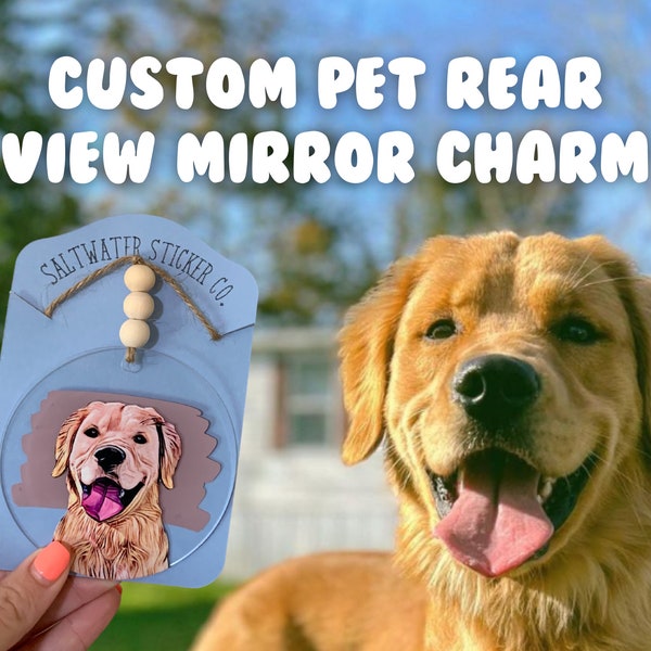 Custom Pet Rear View Mirror Charm - Pet Portrait Art, Dog Cat Bunny Illustration, Pet Car Ornament, Pet Sketch, Car Charm, Car Accessories