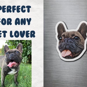 May include: A brown and black French Bulldog with its tongue sticking out. The dog is looking to the right. The image is a close-up of the dog's head and shoulders. The dog is on a green grassy background. The text "PERFECT FOR ANY PET LOVER" is in the top left corner of the image.