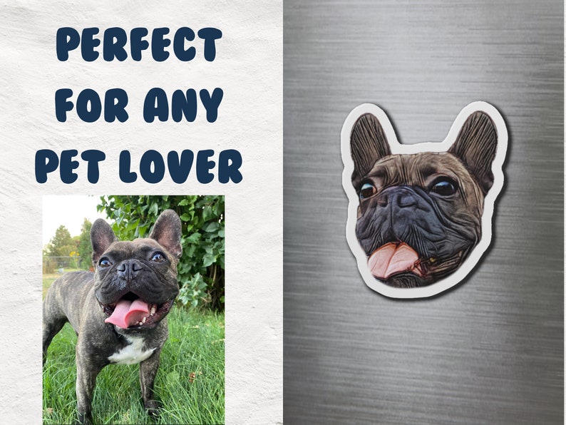 May include: A brown and black French Bulldog with its tongue sticking out. The dog is looking to the right. The image is a close-up of the dog's head and shoulders. The dog is on a green grassy background. The text "PERFECT FOR ANY PET LOVER" is in the top left corner of the image.