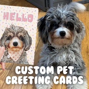 Custom Pet Greeting Cards (BIRTHDAY SPRINKLES) (10, 30, 50 pack), Custom Pet Portrait, Dog Cat Bunny Sketch, Personalized Stationary