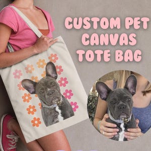 Custom Pet Canvas Tote Bag (ombre flower) - Pet Portrait, Dog Cat Bunny Illustration, retro y2k tote, Dog Tote, Pet Bag, Pet Overnight Pack