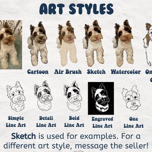 May include: A graphic showing different art styles for pet portraits. The styles include cartoon, airbrush, sketch, watercolour, one line colour, simple line art, detail line art, bold line art, engraved line art, and one line art. The text "Sketch is used for examples. For a different art style, message the seller!" is at the bottom of the graphic.