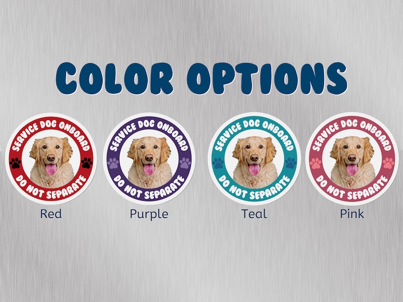 Pu&ograve; includere: Quattro adesivi rotondi con un golden retriever al centro. Gli adesivi hanno il testo "Service Dog Onboard Do Not Separate" in un cerchio attorno al cane. Gli adesivi sono disponibili in quattro colori: rosso, viola, verde acqua e rosa.