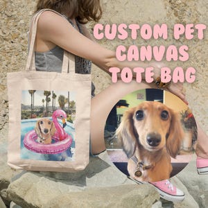 Personalisierte Haustier Tragetasche (beverly hills) - Haustier Porträt, Hund Katze Hase Illustration, Sommer, Hunde Tote, Pink Flamingo, Strand, Hunde Mama Geschenke