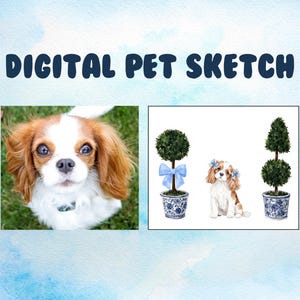Digital Pet Watercolor Art - Pet Portrait Art, Chinoiserie Pet Art, Custom Dog Portrait, Custom Cat Painting, Topiary, Elegant Pet Art