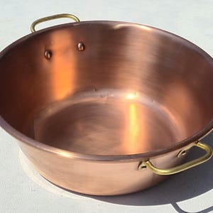 Vintage French Copper Jam Pan, Brass Handles, 14.2inch, 2.6lbs, 8.5qrt(us)