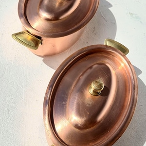 Vintage French Copper Cocottes x2: Llecellier Villedieu Stock Pots, Bronze Handles