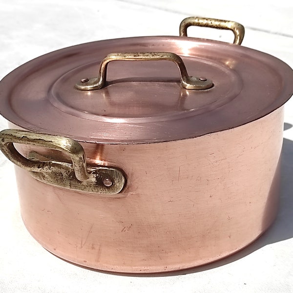 Vintage 7.9inch French Copper Stockpot Cocotte| Made in France| Bronze Handles| Tin Lining| Copper Cookware| 1mm| 3.3lbs| Gift Idea!