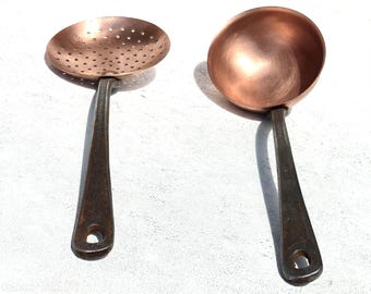 Vintage French Copper Kitchen Utensils, Ladle & Sieve, Length 13inch, 2lbs
