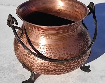 Vintage 8.3inch French Copper Cauldron Planter| Made in France| Hammered Finish| Wrought Iron Swing Handle| 2lbs| Gift idea!