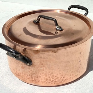 Vintage 9.6inch French Copper Stock Pot Cocotte| Made in France| Hammered Walls| Great Tin Lining| Copper Cookware| 6.8lbs| 5.3 quarts|