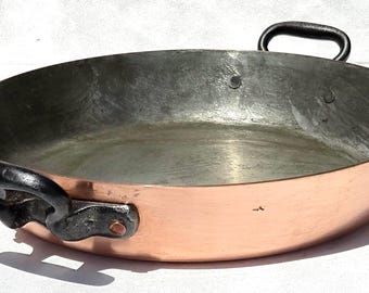 Vintage French Round Copper Pan, Frying Pan, Tin Lining, 14.2inch, 7.7lbs