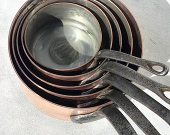 Sartenes de cobre francesas antiguas, juego de 5, con revestimiento de estaño, martilladas, 6,8 kg, 2 mm