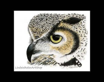 Deep Thought, Colored Pencil Artwork Print, Owl Profile, 8"X10" printed on archival paper, 11"X14" mat and backboard included