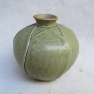 May include: A small, round ceramic vase with a sage green glaze and a smooth, glossy finish. The body of the vase features vertical, raised ridges that create a segmented, petal-like appearance. It has a short, narrow neck with a brown rim.