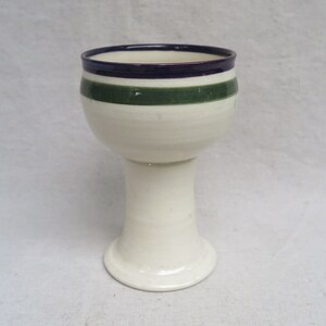 Vintage Victoria Littlejohn Studio Pottery Chalice, Goblet, Stemmed Vase / Green & Blue Stripes on White