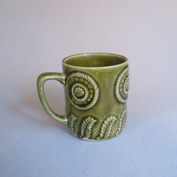 Vintage Mug Sea Green With Embossed Floral Botanical Motifs / 1970s Nostalgia / Holds 8 Fluid Oz.