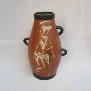 Vintage Mid-Century Picasso Style Pictograph Pottery Vase / Mexican American Southwest Terra Cotta / Figurative Petroglyph, Modern Art