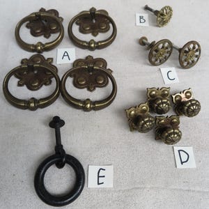 Vintage Assorted Antique Brass Drawer Pull, Ring Pull With Back Plate, Floral Rosette Cabinet Knob, Ornate Round Victorian, and Gold