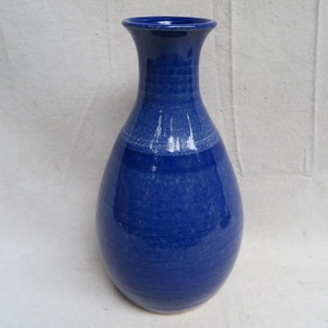 May include: A glossy, deep blue ceramic vase with a rounded, bulbous body and a slender, flared neck. The surface features subtle horizontal bands and a smooth, reflective finish that catches the light, creating a uniform and vibrant cobalt color.