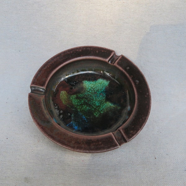 Studio Pottery 3 Slot Ashtray With Green And Blue Glass Interior / Vintage Ceramic / Signed