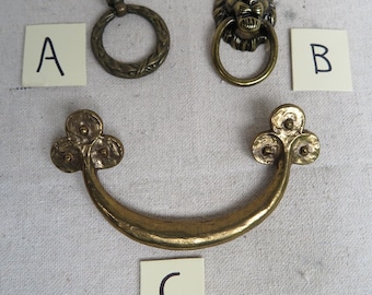 Vintage MCM French Country Gold Primitive Drawer Pull in Brass, Faux Antique English Lion Ring Pull, Unlacquered Brass, Bronze Cabinet Pull