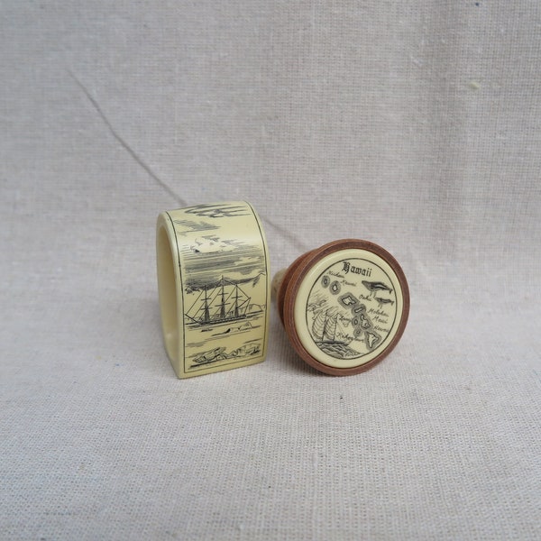 Save The Whale Collection Scrimshaw Faux Ivory Napkin Ring & Hawaiian Map Bottle Stopper / Artek And Pool / Resin / Set of 2