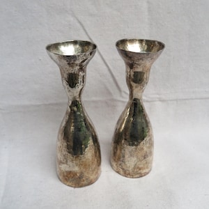 Hammered Aluminum Metal Candle Holders Taper Holders / Candlestick Holders Made In India / Silvery With Patina / Softened By Time / Set of 2