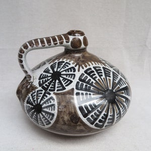 Vintage MCM Studio Pottery Jug / Brown, White, Black Crackle Glaze, Leather Bottom / Likely For Raymor 1950s / Made In Spain