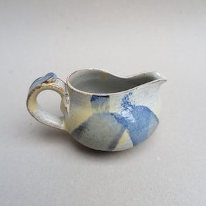 Studio Pottery Stoneware Creamer / Pinched Rim / Light Blue With Warm Yellow Painted Jabs /  Stamped &quot;D&quot; / 3 1/4&quot; Tall