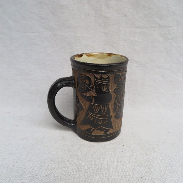 Studio Pottery Sgraffito Village Folk Mug / King, Rooster, Fisherman / Maybe Mexican / Ceramic / Coffee Or Tea Mug