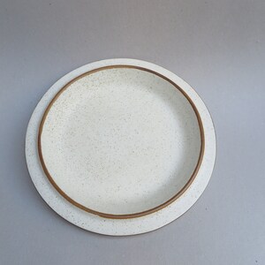 May include: A white ceramic plate with a brown rim. The plate has a speckled texture.