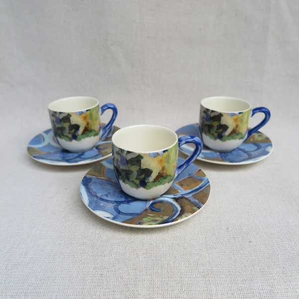 Chaise Bleue By Gien France Blue Floral Demitasse Cup And Saucer Set / 3 Cups With 3 Saucers / Coffee Or Tea / Ceramic / Made In France