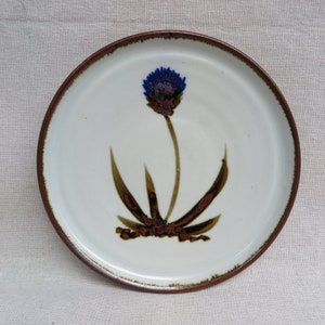 Vintage Ann Fleming Studio Pottery Plate With Purple Thistle Flower / Ceramic 1980s / Signed