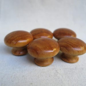 May include: Five small, round cabinet knobs crafted from polished light brown wood. Each knob features a smooth, domed top with a visible natural wood grain pattern and a tapered base, arranged in a cluster to display their uniform shape and finish.