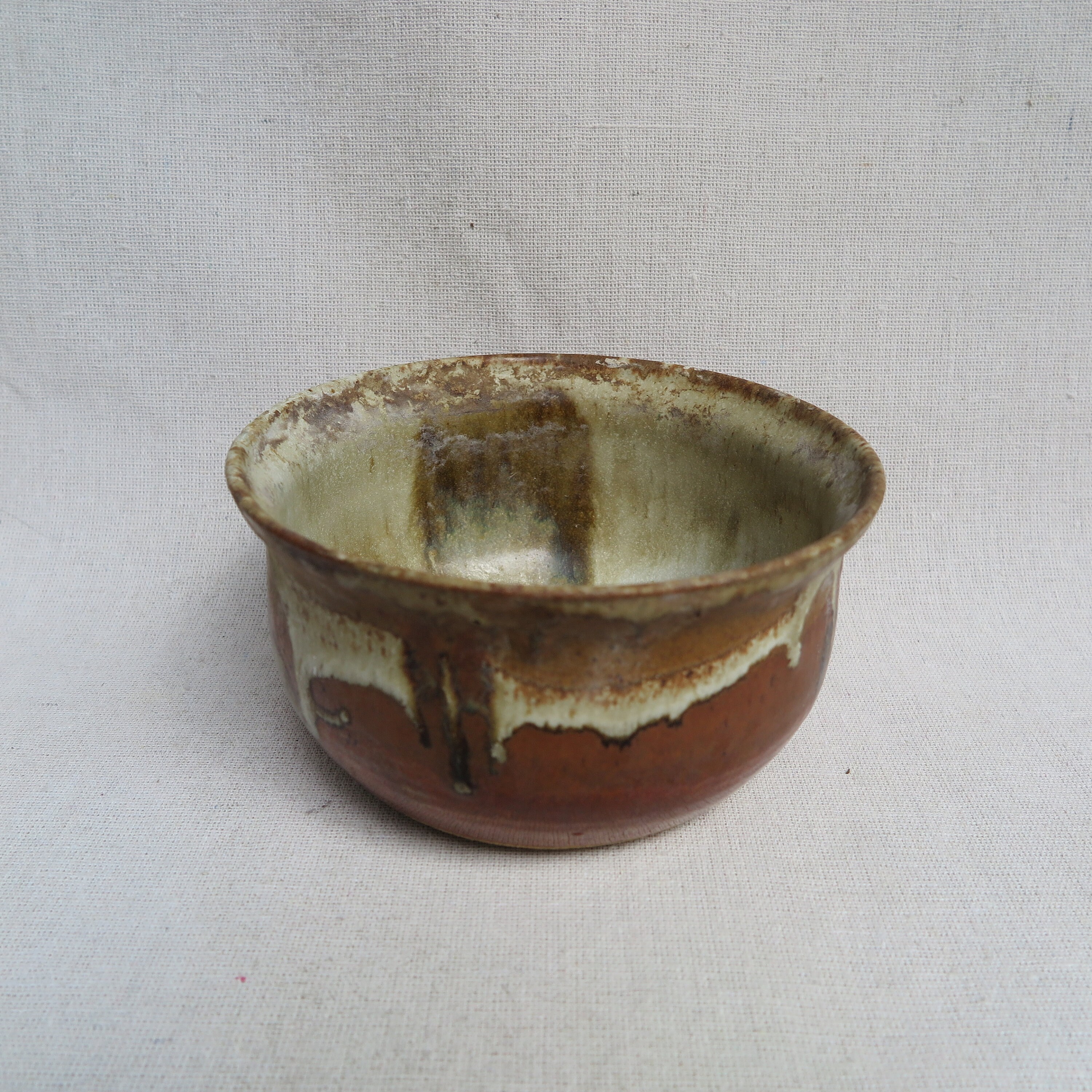 Studio Pottery Wheel Thrown Bowl With Red and Grey-Brown Glazes / Stoneware / Pottery Planter / Not Signed
