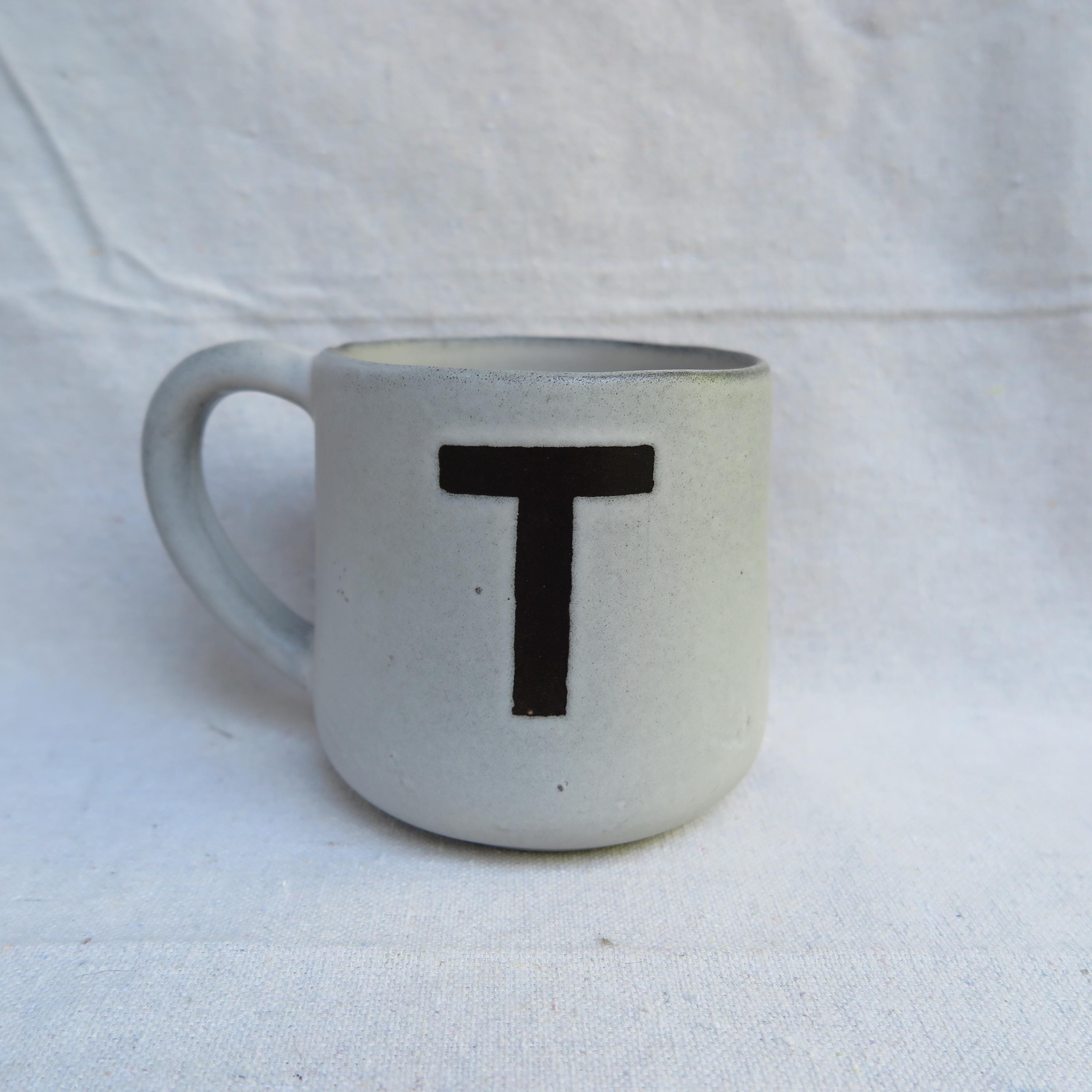 Crate & Barrel Matte White Artisan Monogram Letter T Stoneware Portugal Coffee Mug
