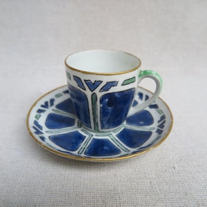 Antique Hand Painted Royal Crescent China Bavaria Tea Cup And Saucer / Blue & Green Art Nouveau Designs / Gold Rim On Porcelain