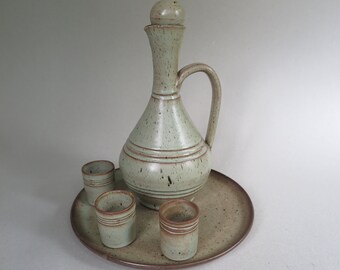Vintage Vallauris Studio Pottery Decanter 3 Cup Set With Plate / Austere Grey and Brown / 1950s / Made in France / MCM