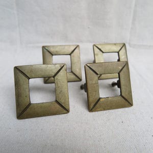 Vintage MCM Cast Metal Incised Square Shape Brutalist Design Cabinet Knob / Unlacquered Brass Tone Drawer Pull / Riblet / Made In Canada