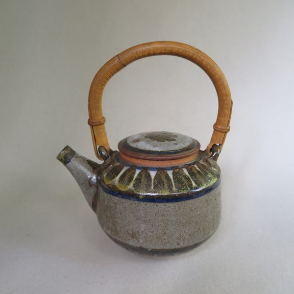 Regnor Reinholdsten Studio Pottery Tea Pot / Lovely Green Umber Drip Glazes on Grey with Blue Stripe / Wicker Handle / Northwest  / MCM