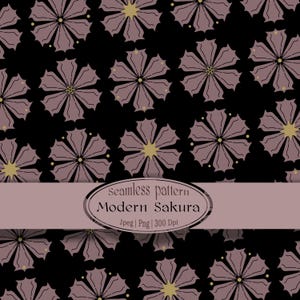 Könnte beinhalten: Ein nahtloses Muster mit stilisierten malvenfarbenen Blüten mit dunklen Mitten und kleinen goldenen Akzenten auf schwarzem Hintergrund. Ein ovales Etikett in der Mitte trägt den Text: seamless pattern Modern Sakura Jpeg | Png | 300 Dpi.