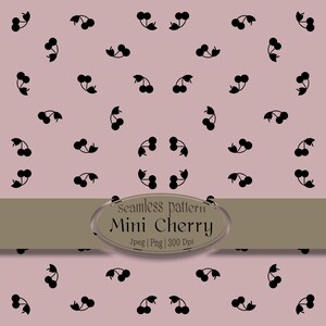 Könnte beinhalten: Ein nahtloses Muster mit kleinen schwarzen Kirschsymbolen in einem sich wiederholenden Raster auf einem altrosa Hintergrund. Ein ovales Etikett in der Mitte zeigt den Text: seamless pattern Mini Cherry Jpeg | Png | 300 Dpi.