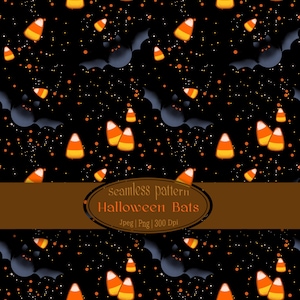 Könnte beinhalten: Ein nahtloses digitales Muster mit dunkelvioletten Fledermäusen und orangefarbenen, gelben und weißen Zuckermais-Formen auf schwarzem Hintergrund mit kleinen orangefarbenen Punkten. Ein braunes Oval enthält den Text: seamless pattern Halloween Bats Jpeg | Png | 300 Dpi.