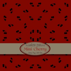 Könnte beinhalten: Ein nahtloses Muster mit kleinen schwarzen Kirschensilhouetten, die auf einem einfarbigen dunkelroten Hintergrund verteilt sind. Ein horizontales beiges ovales Etikett ist über dem Muster zentriert mit dem Text: seamless pattern Mini Cherry Jpeg | Png | 300 Dpi.