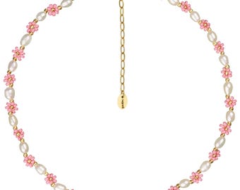 Flora - flower necklace, flower necklace, pearl choker, pink daisy flowers, freshwater pearl necklace - hejgreta