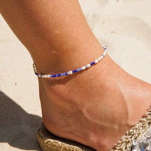 Pearl anklet boho blue, blue pearl anklets, anklets with freshwater pearls - AZULA