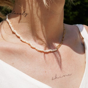 Link chain with pearls, real freshwater pearls, waterproof, golden link chain, ÁKI pearl necklace