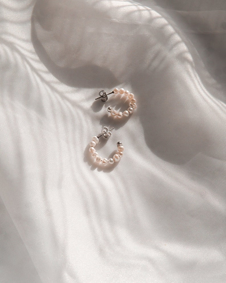 Pearl Earrings Waterproof Earrings with Beads, Stainless Steel Silver Earrings, Pearl Earring freshwater pearls, Silver Earring round EMMIE image 1